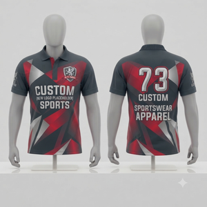 Camiseta Polo Personalizada con Diseño Geométrico en Gris Carbón, Rojo y Plateado, Uniforme Deportivo Sublimado Transpirable para Hombre, Ropa Casual al por Mayor - Product Image 1