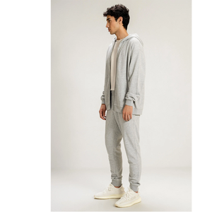 Ensemble de survêtement gris à capuche pour homme, fermeture éclair intégrale, coupe ample, sweat-shirt et pantalon en coton, tenue décontractée d'automne, couleur unie, poches latérales - Product Image 2