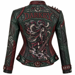 Dark Green Burgundy Women Leather Biker Jacket Graphic Printed Spiked <b>Studded</b> Coat Custom OEM ODM Wholesale Factory Supplier - Product Image 2