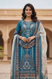 Ensemble haut, pantalon et dupatta Chinon imprimé, orné de miroirs, prêt-à-porter, pour femme, taille plus, style ethnique - Product Image 3