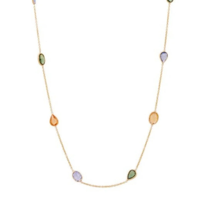 18K Yellow Gold Multi Sapphire Station <b>Necklace</b>-Classic Beaded <b>Chain</b> - Product Image 1