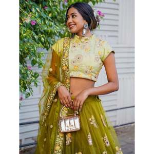 Ravishing <b>Green</b> Mirror Embroidered <b>Net</b> Lehenga Choli for Wedding Reception - Product Image 5
