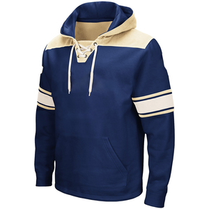 Sudadera con Capucha Azul Marino para Hombre con Rayas Crema y Cordones Delanteros, Estilo Béisbol, Manga Larga, con Bolsillos - Product Image 1