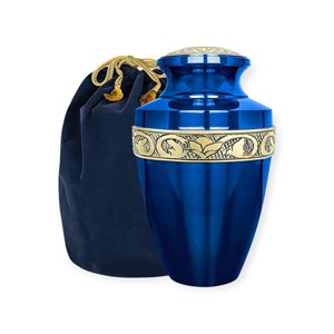 Urna Funeraria Azul Rey de Lujo con Banda Dorada y Bolsa de Terciopelo para Cenizas de Adultos - Product Image 1