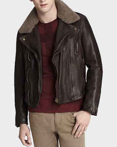 Veste moto en cuir véritable marron pour homme, doublée en sherpa, fermeture éclair, vêtements d'extérieur d'hiver, décontractée - Product Image 1