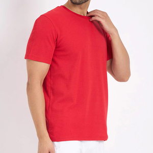 T-shirt en coton rouge pour homme, col rond, manches courtes, coupe classique, couleur unie, décontracté, tricoté, design uni - Product Image 1