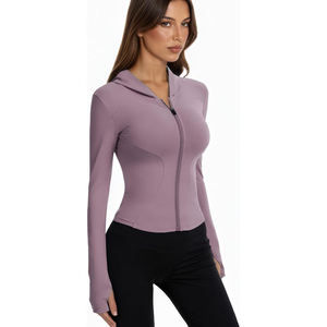 Women's Ribbed Hooded <b>Yoga</b> <b>Jacket</b> Full Sleeve Zipper Front Solid Color Stretchy Nylon Athletic Wear Quick Dry Seamless Design - Product Image 3