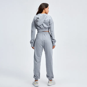 <b>Women's</b> Blue Fleece Hooded Crop Top & Jogger Set Casual Loose Fit All Seasons Sportswear Two <b>Piece</b> <b>Outfit</b> Solid Color - Product Image 2