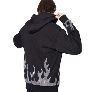Sudadera con capucha negra para hombre con cremallera, estampado de llamas con pedrería, estilo urbano, corte oversize, manga regular, de algodón tejido, para otoño - Product Image 5