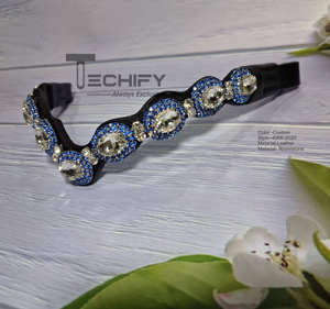 Diadema de Cuero Negra Personalizada para Caballo con Cristales Azules y Transparentes, Diadema Inglesa para Brida, Accesorios Ecuestres - Product Image 2