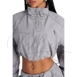 Women's Autumn/Winter Lightweight Knitted Polyester Cropped Windbreaker <b>Jacket</b> Custom Short Canvas Stand Collar High Street - Product Image 4