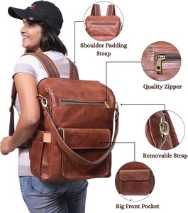 OEM Custom Women’s Leather Laptop <b>Backpack</b> <b>Brown</b> Designer <b>Backpack</b> Purse for Office Travel Daily Use - Product Image 6