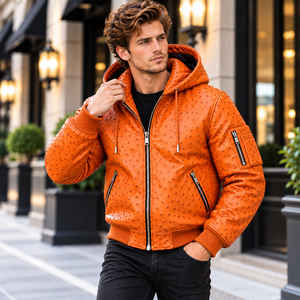 Premium Orange Ostrich <b>Leather</b> Hooded <b>Bomber</b> Jacket – <b>Men</b>’s Embossed <b>Leather</b> Fashion Biker Jacket with Zipper Pockets - Product Image 5