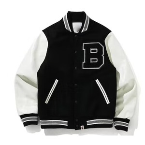 Premium Custom <b>Varsity</b> <b>Jacket</b> Black White Snap Button Letterman <b>Bomber</b> <b>Jacket</b> with Ribbed Trim for Streetwear Men and <b>Women</b> DDP - Product Image 1
