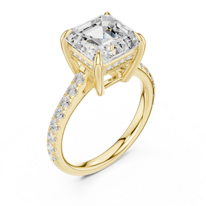 Proveedor Verificado, Anillo de Diamante Cultivado en Laboratorio con Corte Asscher Brillante en Oro Amarillo de 14k, Anillo de Diamante con Engaste de Puntas y Banda Pavé - Product Image 4