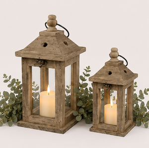 Wholesale <b>Set</b> of 2 Rustic Wooden <b>Lanterns</b> with Glass Panels Distressed Brown Farmhouse Decorative Candle Holder for Garden Decor - Product Image 2