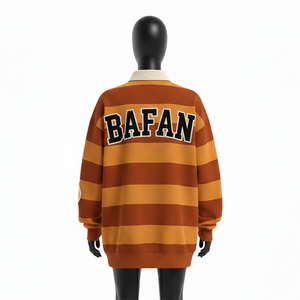 Chemise de rugby pour femme en jersey de coton lourd 280 GSM, marron, avec panneau rayé moutarde et logo brodé - Product Image 2