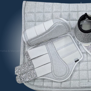 Light Gray Sparkle Dressage Saddle Pad Matching Set Brushing Boots Bell Boots Custom Logo Silver Cord Trim <b>Equestrian</b> Set - Product Image 6