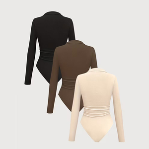 Body elástico acanalado de manga larga para mujer, cuello en V, fruncido, ajustado, liso, cómodo y transpirable - Product Image 2