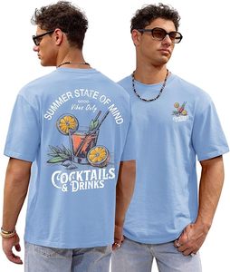Camiseta de Manga Corta Azul Claro para Hombre con Estampado de Cóctel, Estilo Veraniego, Cuello Redondo, Corte Regular, Algodón Jersey, Diseño Transpirable - Product Image 1