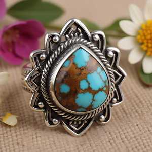 Bijoux en argent sterling 925 de style bohème, bague turquoise en cuivre faite à la main avec pierre précieuse poire, cadeau fin d'inspiration vintage classique - Product Image 1