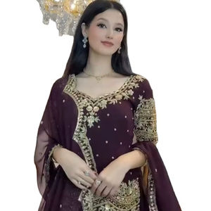 Tela de georgette sintética gruesa lista para usar, con bordado propio, vestido tradicional pakistaní / traje salwar de diseñador para mujer - Product Image 1