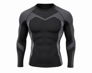 Haut de sport athlétique à manches longues pour homme, anti-UV, à séchage rapide, en Spandex et Polyester, coloris noir et gris, avec blocs de couleur - Product Image 1