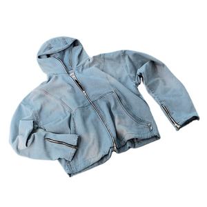 Veste pour homme en denim de coton personnalisée OEM Veste de travailleur à capuche zippée unie délavée vintage de haute qualité pour hommes - Product Image 6