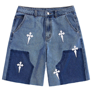 Shorts pour hommes à taille haute avec appliques croisées, style décontracté, fermeture boutonnée, en coton tissé - Product Image 1