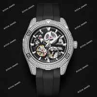 Montre Sport Squelette en Cristal Argenté avec Bracelet Noir, Cadran à Engrenages Automatiques, Montre de Luxe Tendance pour Homme, Cadeau Moderne et Élégant