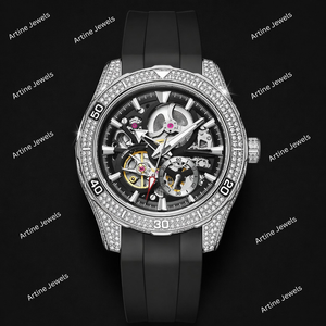 Silver Crystal <b>Skeleton</b> Sport <b>Watch</b> Black Strap <b>Automatic</b> Gear Dial Luxury Statement Timepiece For Men Modern Fashion Gift - Product Image 2