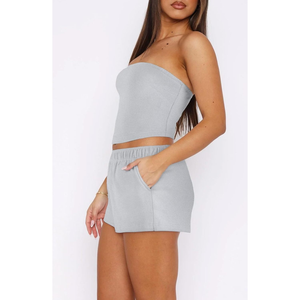2025 Women's Summer 2-Piece Set Strapless Tube <b>Tops</b> & Sweatshorts Bandeau Band & Sweat Shorts Two Comfortable Pieces - Product Image 4
