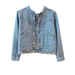 Beautiful Floral Embroidery Fine <b>Needlework</b> Classic Vintage Aesthetic Look New Women Denim Tops - Product Image 1
