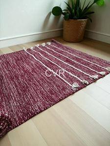 Woven Cotton Burgundy Rectangle <b>Rug</b> with White Stripes and Tassels Foldable for Home & Travel Decor - Product Image 1
