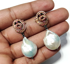 Baroque White Pearl Clip-on Earrings Ruby Silver Plated 925 Sterling Silver Handmade <b>Wedding</b> Women Jewelry Gift - Product Image 4
