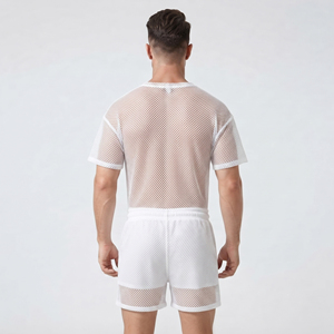 Ensemble T-shirt et short en maille pour homme, blanc, 100 % polyester, léger, été, avec short à cordon de serrage pour homme - Product Image 2