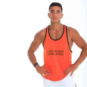Débardeur orange pour homme avec bordure noire, imprimé lettres sur le devant, respirant, tricoté, décontracté, col rond - Product Image 2
