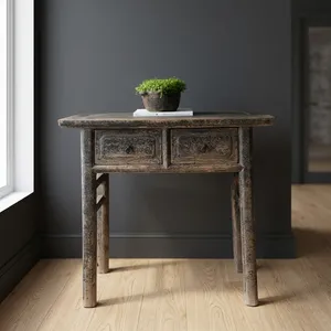 Antique Rustic Wood <b>Console</b> <b>Table</b> With Two Drawers Weathered Entryway <b>Desk</b> Living Room Furniture - Product Image 4
