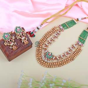 Rutisha Antique Designer Long Necklace & Earring Set with Zircon Ruby & Gold Plate - Product Image 2