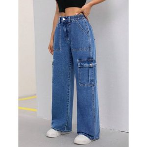 Jeans <span class=keywords><strong>Cargo</strong></span> da <span class=keywords><strong>Donna</strong></span> Multitasche <span class=keywords><strong>Blu</strong></span> Pietra 100% Cotone Lavaggio Chiaro Non Tessuto Ecologico Traspirante Carino Vita Alta Vintage Lunghezza Intera - Product Image 5