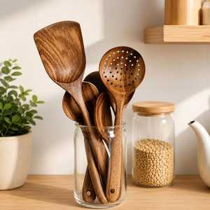 Premium Quality Wooden Cooking Spoons Set Eco-Friendly Kitchen Utensils <b>Rose</b> <b>Gold</b> Plated Long Handle Durable <b>Mirror</b> Modern - Product Image 1