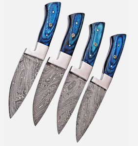 Juego de cuchillos para carne SM Knives de acero de Damasco, 4 piezas, mango azul, hoja con punta caída y borde biselado, cuchillos profesionales para comedor, 9 pulgadas, 3 años de garantía - Product Image 1