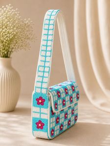 Bolso Rectangular Lavable Hecho a Mano con Bordado de Flores Rosas sobre Patrón de Cuadros Azules, Textil de Poliéster para Uso Diario - Product Image 4