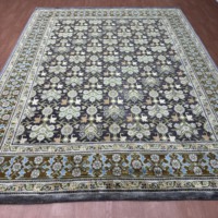 Tapis de luxe fait main en soie de sari noué à la main, 8x10 pieds, noir anthracite et vert olive, motif floral traditionnel, pour salon