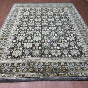8x10 Ft Hand Knotted Saree Silk Charcoal Black And Olive GreenTraditional Floral Handmade Luxury Area Carpet for Living Room - Product Image 2