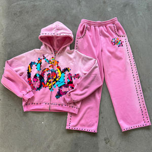 Survêtements d'hiver respirants personnalisés avec strass, ensembles de survêtements unisexes, 480 GSM, 100% coton, sweat-shirt et pantalon de survêtement lourds - Product Image 2