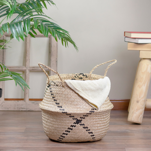 Handwoven Natural Seagrass <b>Belly</b> <b>Basket</b> with Handles – Multifunctional Boho Vintage Storage Tote for Home Decor - Product Image 4