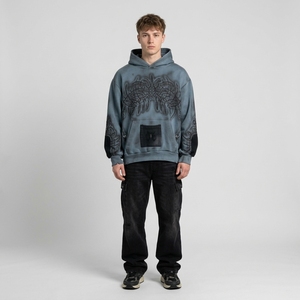 Sweat-shirt à capuche surdimensionné bleu gris délavé pour homme, avec broderie graphique gothique d'ailes, pull épais streetwear - Product Image 1