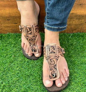 Western Fashion Customizable Hand-Tooled <b>Leather</b> Boho Sandals for Women Genuine <b>Leather</b> Floral Design Outdoor Flipflop Footwear - Product Image 3