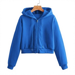 Best Quality Comfortable Custom Made Lightweight Women <b>Zip</b> <b>Up</b> <b>Hoodie</b> Solid Blue Short <b>Crop</b> Hooded Casual and Athleisure Wear - Product Image 5